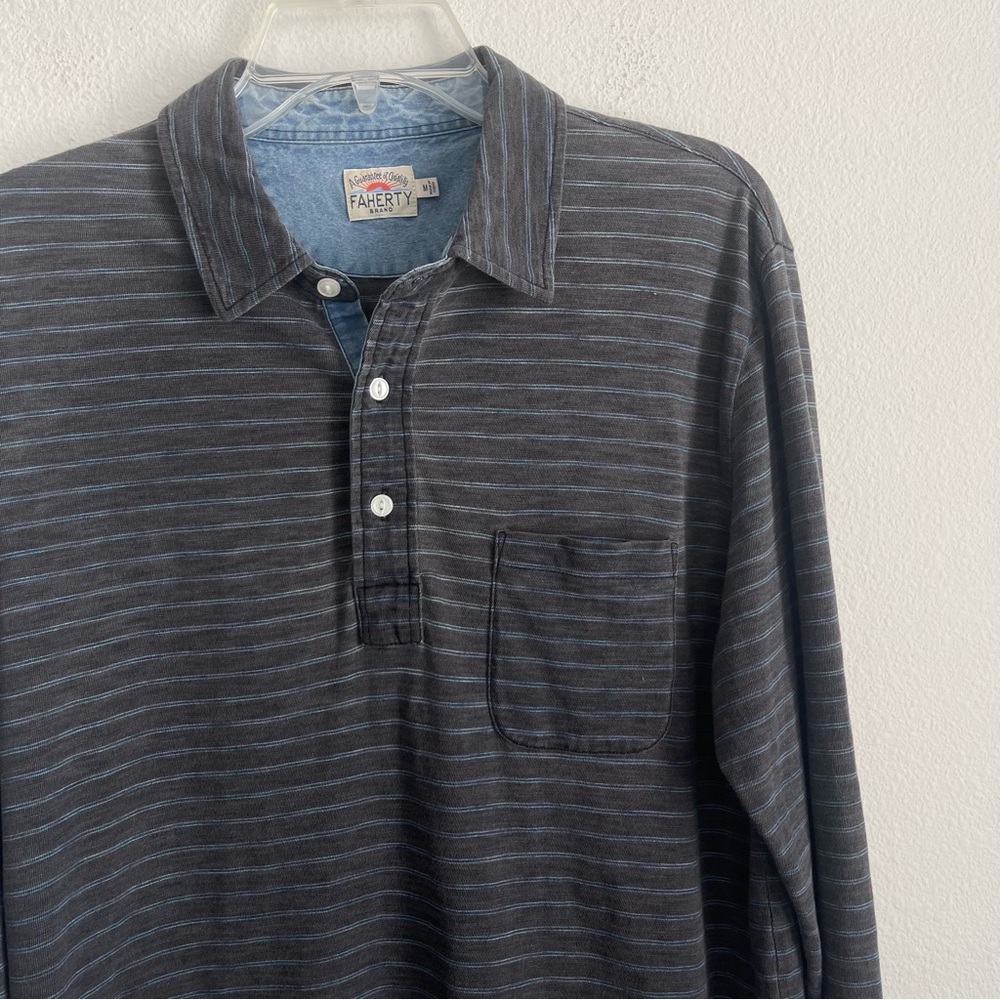 Faherty Striped Heather Long Sleeve Polo Pocket Shirt